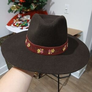 Wyeth FRIDA KAHLO Brown WOOL Wide Brim FEDORA HAT Women's FLORAL Embroidered OS